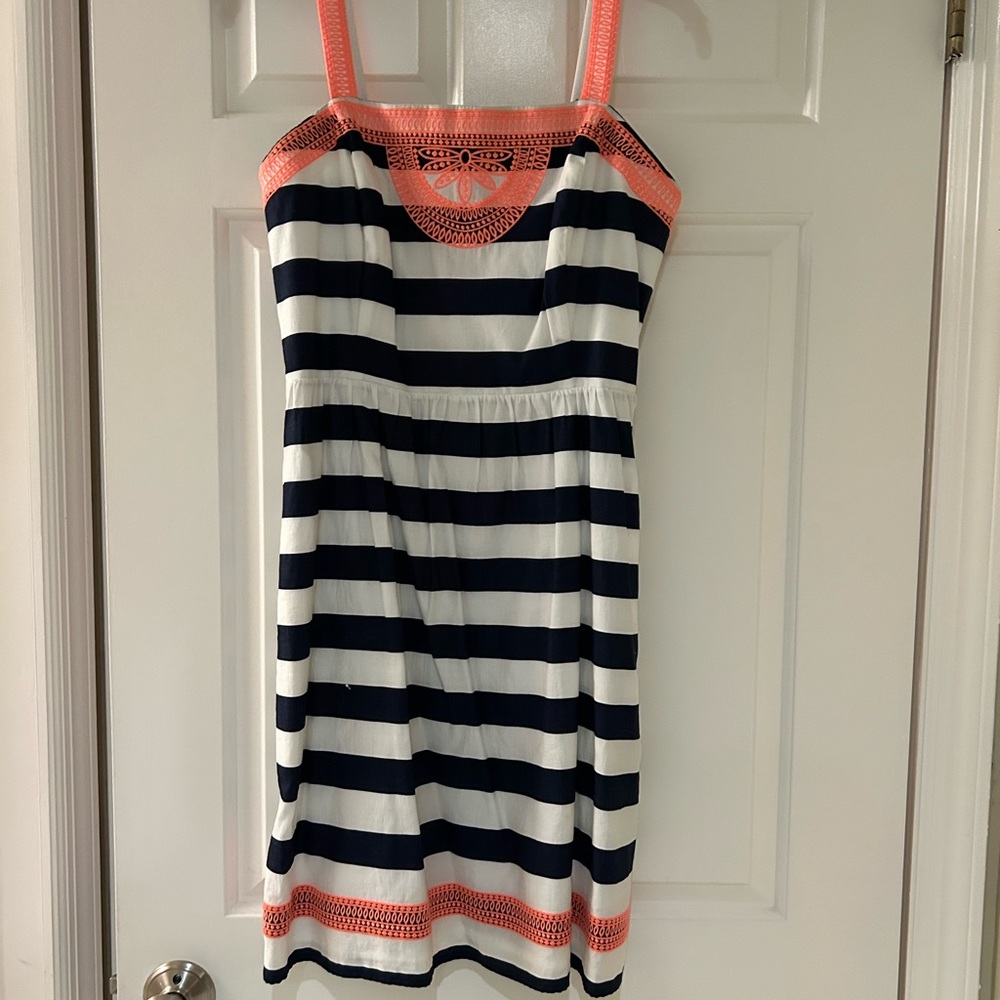 Women’s Vintage Vines nautical striped dress with coral trim.